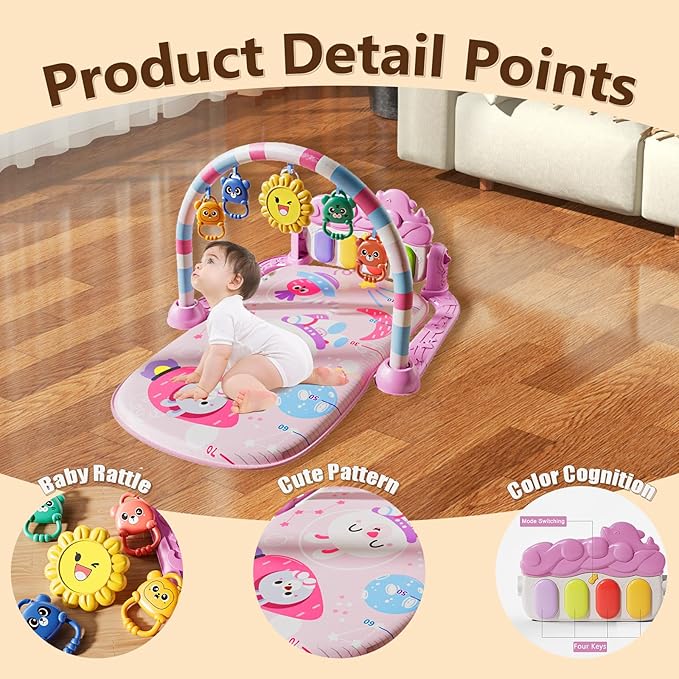 Alive Lovely Baby Gyms Play Mats, Musical Activity Center Baby Piano Gym Mat, Music and Lights Tummy Time Padded Mat for Newborn Newborn 0 to 3 6 9 12 Months-CubbioJoy