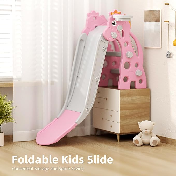 67i Toddler Slide for Indoor & Outdoor Play with Basketball Hoop, Anti-Slip Steps, 46.8in Baby Climber (Pink)-CubbioJoy