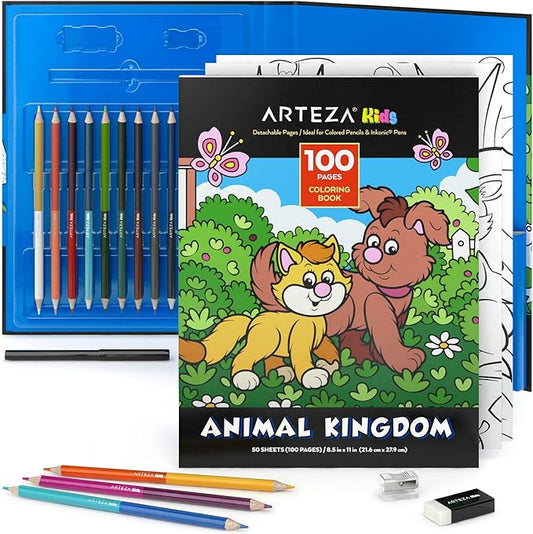 ARTEZA Kids Coloring Book and Colored Pencils Kit, Animal Kingdom Illustrations, 50 Double-Sided Sheets, 100lb Paper-CubbioJoy