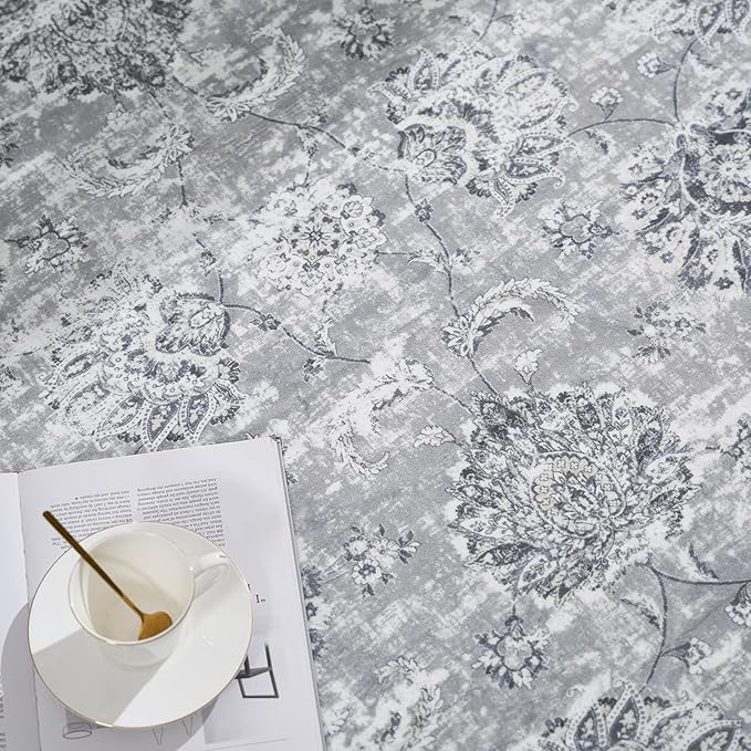 jinchan Round Rug 4ft Area Rug - Indoor Vintage Hallway Circle 4' Washable - Ultra-Thin Low Pile Soft Small Non Slip Distressed Floral Print for Living Room Dining Room Bedroom Entryway Grey-CubbioJoy