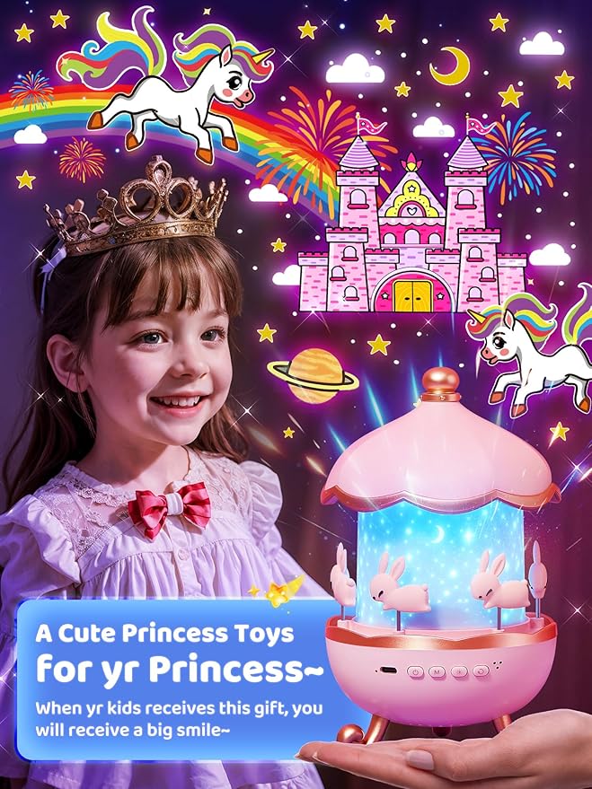 Carousel Night Light for Kids, 10 Music+15 Films+315 Colors Star Projector for Kids Night Light Projector,360°+Remote+1200mah Star Lights for Ceiling, Unicorn Toys for Girls Room Decor Princess Gifts-CubbioJoy