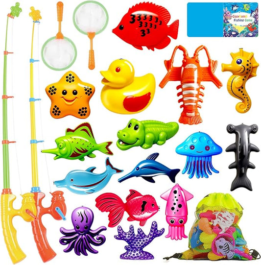 CozyBomB™ Magnetic Fishing Toys Game Set for Kids | Water Table Bathtub Kiddie Pool Party & Pole Rod Net, Plastic Floating Fish Toddler Color Ocean Sea Animals Birthday Age 3 4 5 6 Year-CubbioJoy