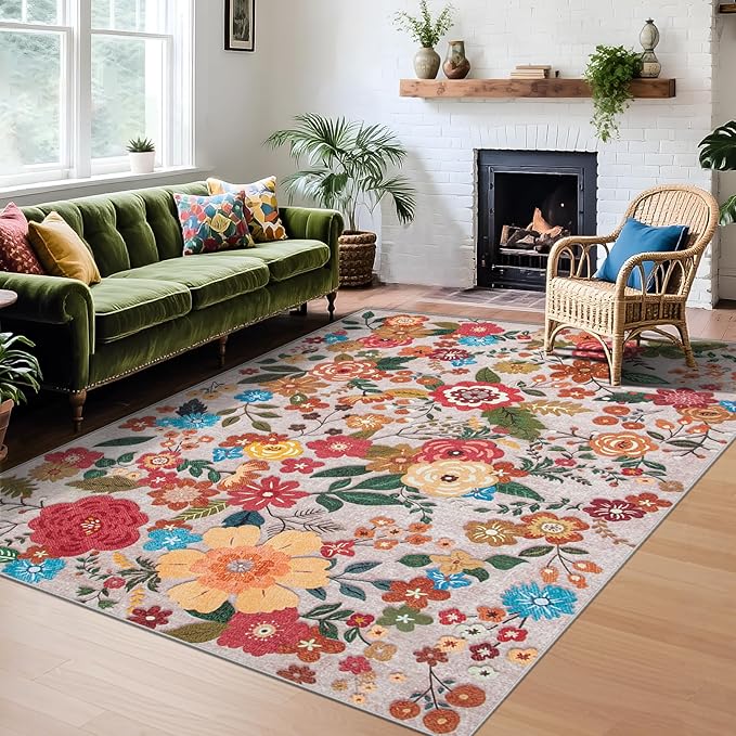 Area Rug Living Room Rugs: 6x9 Washable Rug Vintage Floral Soft Boho Non Slip Carpet Indoor Floor Non Shedding Low Pile Thin Carpets for Bedroom Dining Room Farmhouse Nursery Home Office Beige-CubbioJoy