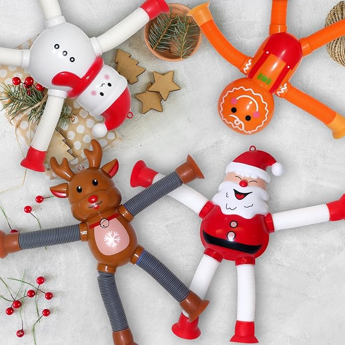 Christmas LED Pop Tubes Light Up 4 Pcs Sensory Fidget Toys, Telescopic Suction Cup Santa Toys Autism Christmas Party Favors Game Prizes Goody Bags Stocking Stuffers Treats for Kids 3+ (Christmas)-CubbioJoy