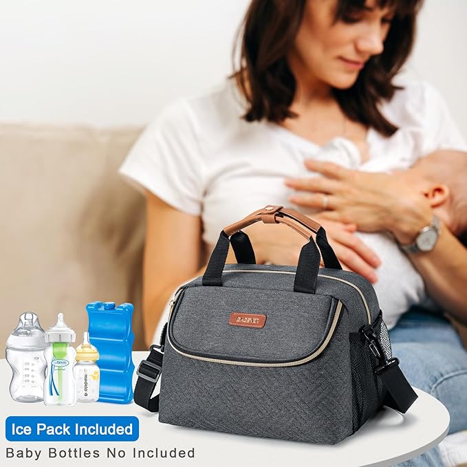 Breastmilk Cooler Bag with Ice Pack Fits 6 Baby Bottles up to 9 Ounce, Wearable Breast Pumps Cooler Bag for Nursing Mom Daycare, Work, Travel- Dark Grey-CubbioJoy