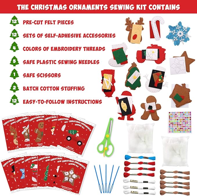 CiyvoLyeen Christmas Sewing Kit for Kids Felt Christmas Ornaments Craft Supplies DIY Activity for Girls and Boys Educational Sewing Gift for Child Set of 12-CubbioJoy