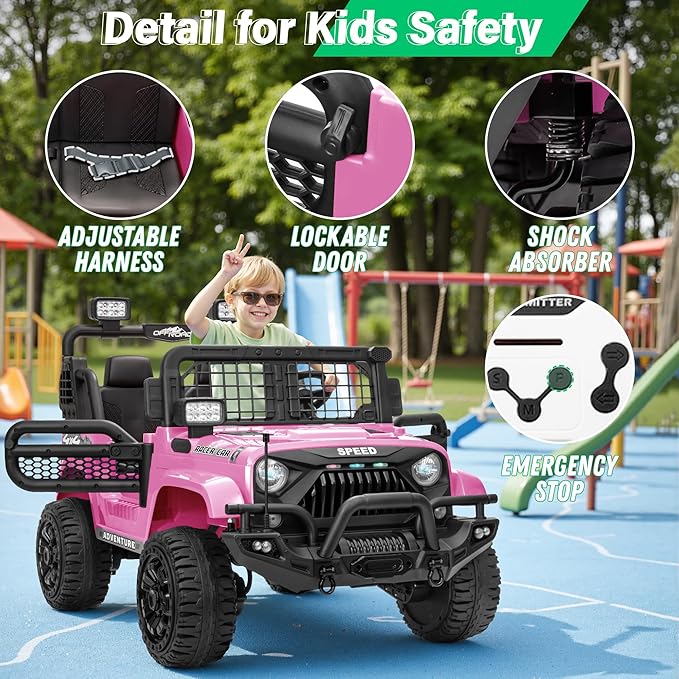 2 Seater Ride On Car Truck with Remote Control XL, Kids 24V Battery Powered Electric Vihicle w/21 in Seat, 3 Speeds, 2WD/4WD Switichable, Shock Absorbers,Bluetooth, Flower, Gift Choice-CubbioJoy