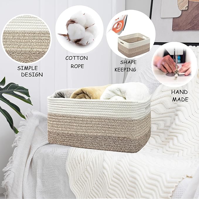 COMFY-HOMI Cotton Rope Woven Basket with Handles for Shelves,Toys,Book, Cloth Storage Baskets for Organizing-17" x 13" x 7.5" Toy Decorative Organizer for Living Room, Bathroom （white/3 brown）-CubbioJoy