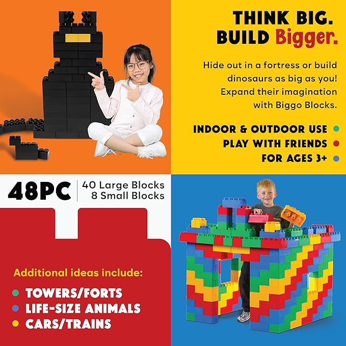 Big Blocks for Kids Ages 4-8 — Indoor & Outdoor Blocks Kids Games — Black Large Building Blocks - 48 pc-CubbioJoy