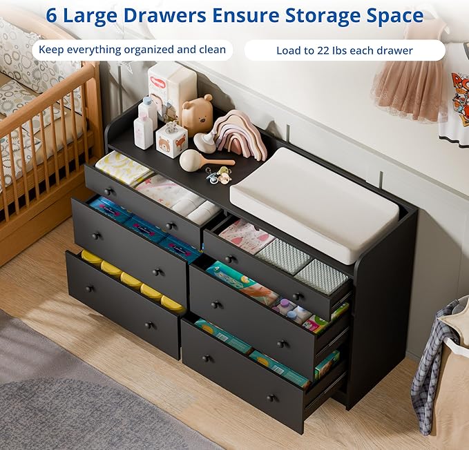 Cozy Castle Baby Dresser with 6 Drawers and Large Table Top, Multi-Functional Chest of Drawer, Drawer Dresser with Three-Sided High Rails for Nursery, Children's Room, Bedroom, Black-CubbioJoy