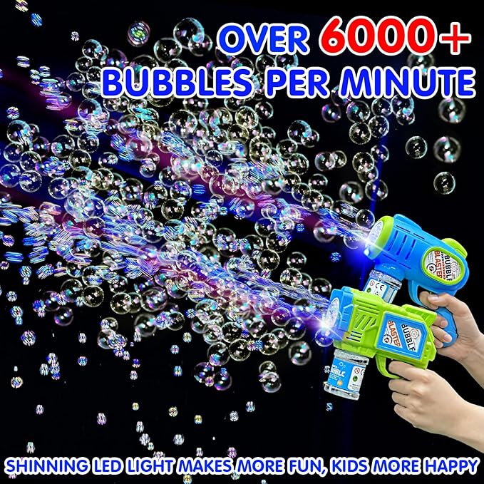 2 Pack Bubble Gun Machine for Kids, Automatic Light Up Bubble Blower with 4 Bottles 10 Bags Refill Solution Bubble Guns Blaster for Toddlers, Outdoor Toys Gifts Wedding Easter Party Favor-CubbioJoy