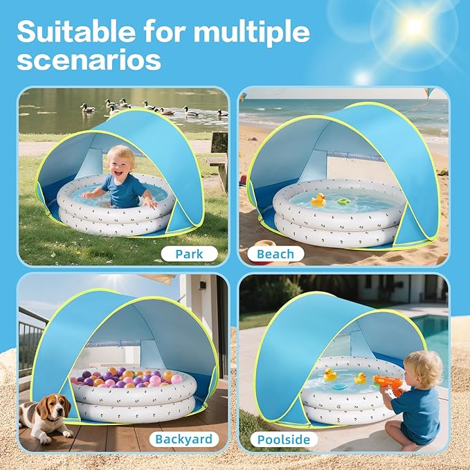 Baby Beach Tent Canopy: with Inflatable Kiddie Swimming Pool Toys - UPF50+ UV Protection Pop Up Sun Shelter Tent & Small Pool - Beach Essentials for Infant Toddlers-CubbioJoy