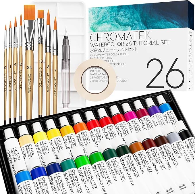 CHROMATEK Watercolor Paint Set - 62 Piece Kit - Video Tutorial Course - For Adults, Beginner & Professional Artists - 26 Tubes (12ml), Sketch Pad, 8 Painting Brushes, Aquapen, Palette, Masking Tape-CubbioJoy