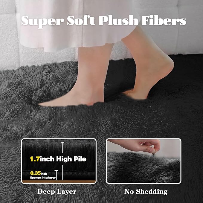 6x9 Area Rug for Living Room: Fluffy Shag Soft Washable Rugs Large Fuzzy Plush Indoor Carpet for Bedroom Nursery Playroom Kids Girls Boys Room (Black, 6'x9')-CubbioJoy