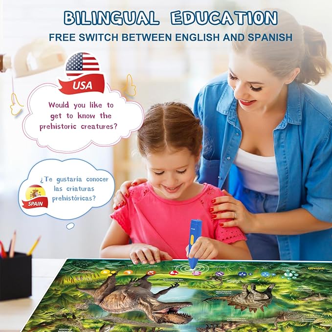 Interactive Dinosaur Toys Learning Poster, Dinosaur Talking Poster, Bilingual Dinosaur Talking Educational Children Toy with Sound Effects, Dinosaur Toys for Ages 3-12, Best Dinosaur Party Gift-CubbioJoy