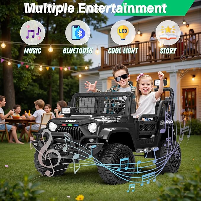 2 Seater Ride On Car Truck with Remote Control XL, Kids 24V Battery Powered Electric Vihicle w/21 in Seat, 3 Speeds, 2WD/4WD Switichable, Shock Absorbers,Bluetooth, Flower, Gift Choice-CubbioJoy