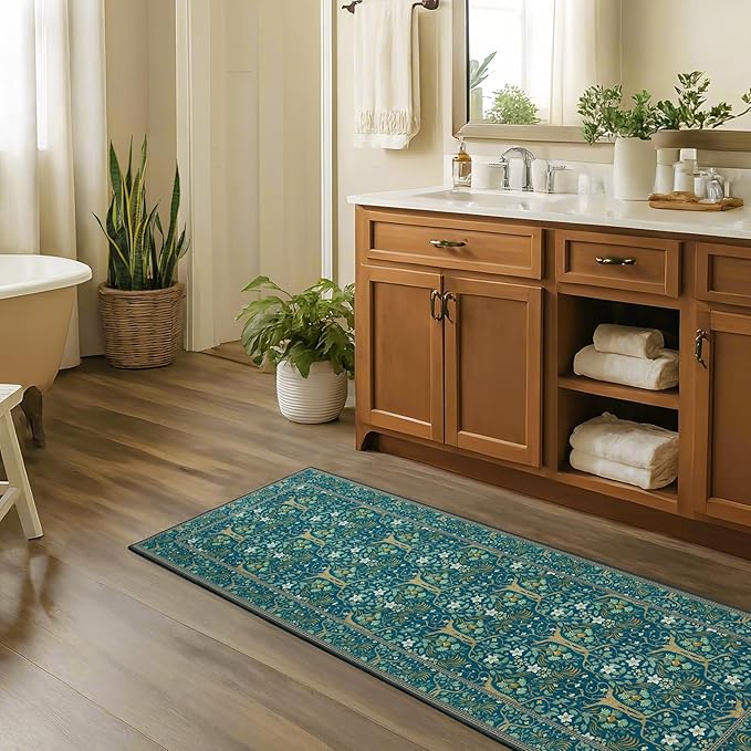 Joydeco Washable 2x6 Rug Runners for Hallways Non Slip, Boho Floral Bathroom Rug Runner, Soft Botanical Forest Indoor Floor Throw Carpet for Kitchen Laundry Room Entryway, Dark Blue-CubbioJoy