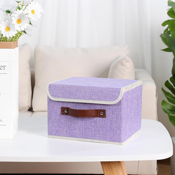 ANMINY Storage Bin with Lid Storage Boxes with PU Leather Handles PP Plastic Board Decorative Foldable Lidded Cotton Linen Fabric Home Cubes Baskets Closet Organizer Container - Purple, Small Size-CubbioJoy