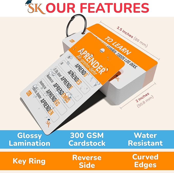 500+ Spanish Vocabulary Flash Cards for Adults & Kids Ages 15+ - Verb Conjugation, Nouns, Adjectives & Phrases to Learn Spanish for Adult Beginners Flashcards-CubbioJoy