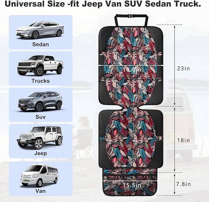 Car Seat Protector for Child Car Seat, 2 Pack Baby Car Seat Covers with Mesh Pockets & Non-Slip Backing 600D Durable Seat Protector Under Baby Car Seat for Car Back Seat (Red Leaves, Large)-CubbioJoy