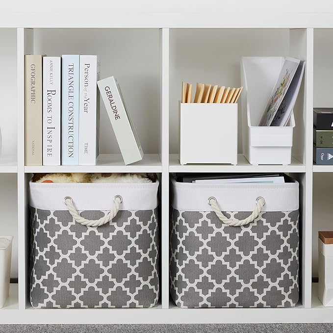 Bidtakay Large Fabric Storage Basket Set of 2 Collapsible Rectangle Basket for Shelves 16" X 11.8" X 11.8" Decorative Organizer Bins for Clothes Toys(White&Quatrefoil Grey)-CubbioJoy