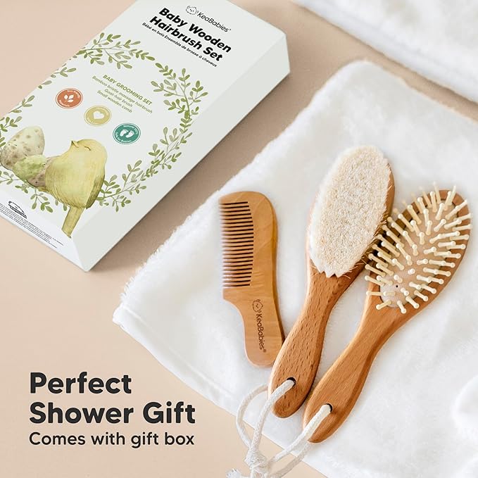 Baby Hair Brush and Comb Set for Newborn - Wooden Baby Hair Brush Set with Soft Goat Bristle, Baby Brush Set for Newborns, Baby Brush and Comb Set Girl, Boy, Toddler Cradle Cap Brush(Oval, Golden Oak)-CubbioJoy