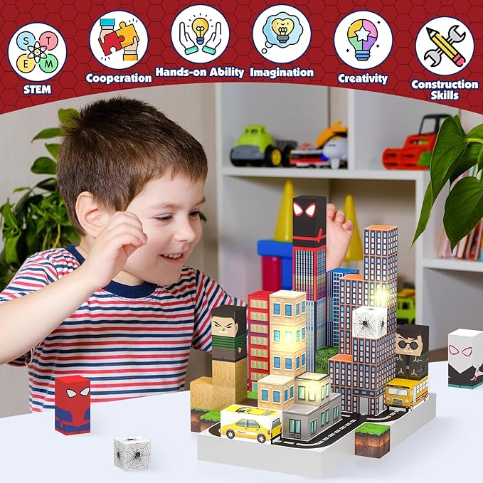 150 PCS Magnetic Blocks Building Toys Set, Spider Toys Light Up Magnetic Building Blocks for Boys Girls Ages 3+, 1 Inch Magnet Cubes STEM Sensory Construction Toy City Themes-CubbioJoy