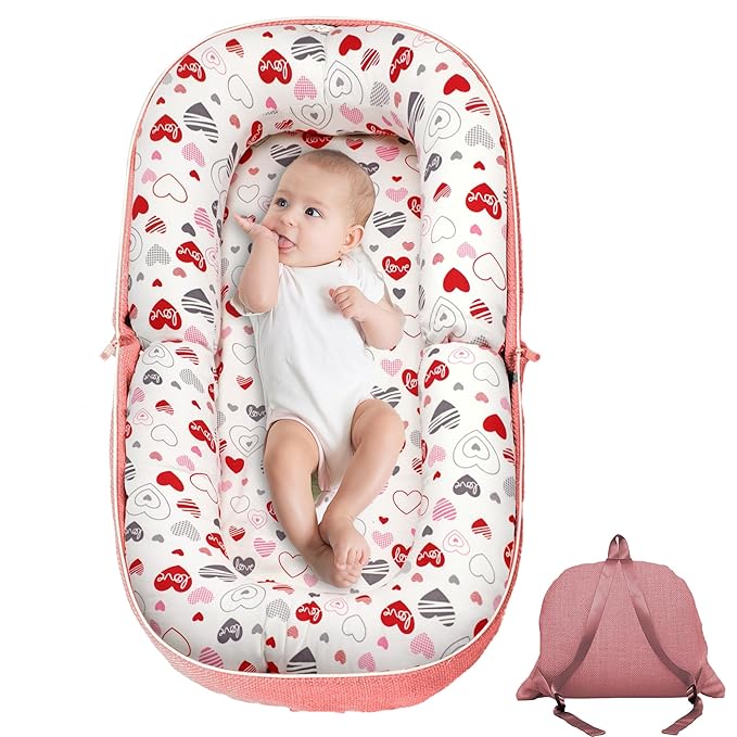 Baby Lounger, Foldable Infant Nest Pillow with Soft Memory Foam Mat, Cover with Adorable Pattern, Converts to Backpack for Easy Travel, 0-12 Months, Pink-CubbioJoy