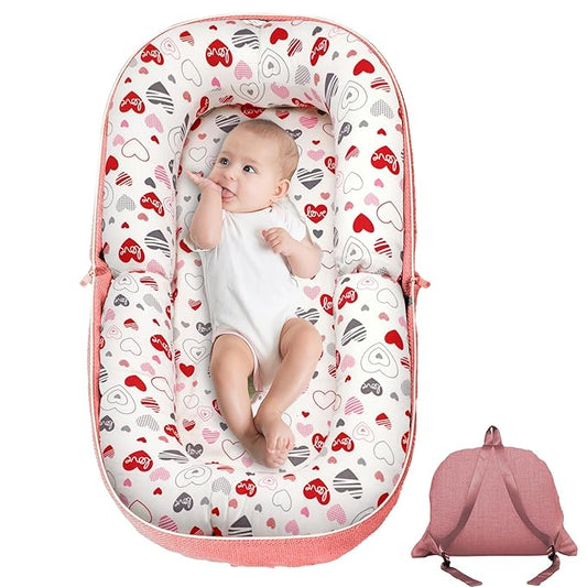 Baby Lounger, Foldable Infant Nest Pillow with Soft Memory Foam Mat, Cover with Adorable Pattern, Converts to Backpack for Easy Travel, 0-12 Months, Pink-CubbioJoy