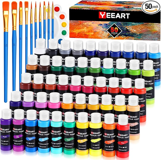 50 Color Acrylic Paint Set, 2oz Bottles, Rich Pigmented Canvas Paint with 10 Brushes &Palette, Professional Art Supplies Kit for Adults & Kids, Non-Toxic, Suitable for Canvas, Rocks, Wood-CubbioJoy