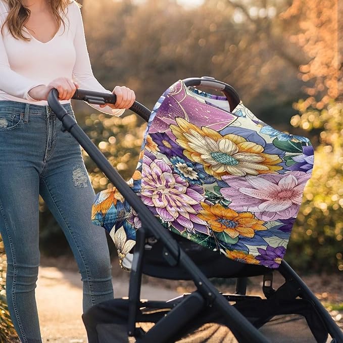 Binienty Durable Fabric Infants Carseat Canopies for Baby Girls Boys,Bohemian Flower Design, Baby Stroller Cover-CubbioJoy