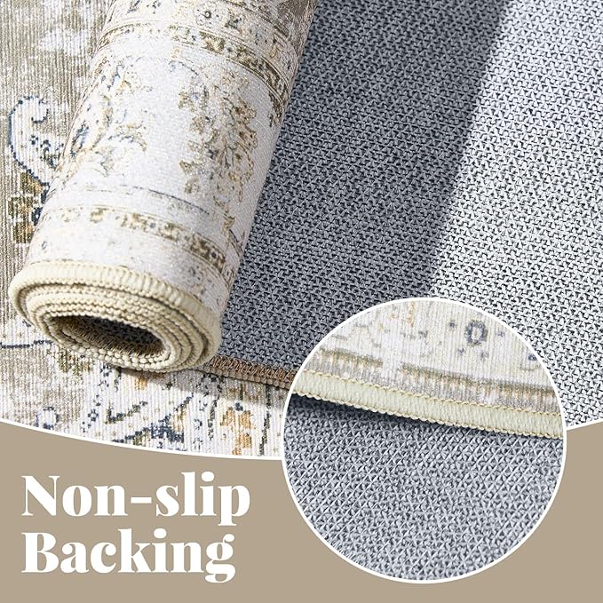 jinchan Runner Rug 2x5 Machine Washable Hallway Rug Taupe Vintage Floral Print Non-Slip Low Pile Ultra-Thin for Kitchen,Entryway,Laundry Room,Bedroom,Farmhouse (2‘x5’,Taupe)-CubbioJoy