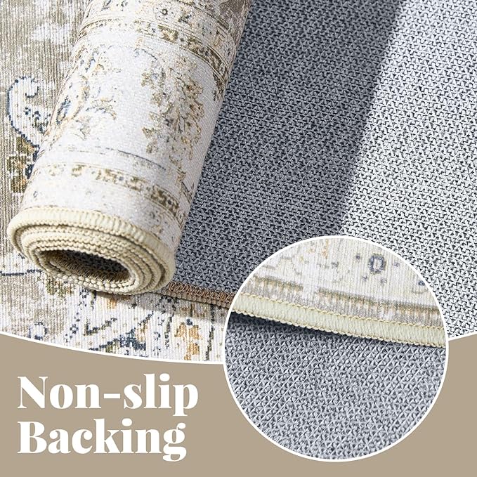 jinchan 4x6 Area Rugs for Bedroom - Machine Washable Distressed Vintage Floral Design Stain Resistant Boho Carpet Ultra-Thin Low Pile Non-Slip Rug for Living Room Dining Room Kitchen (4‘x6',Taupe)-CubbioJoy