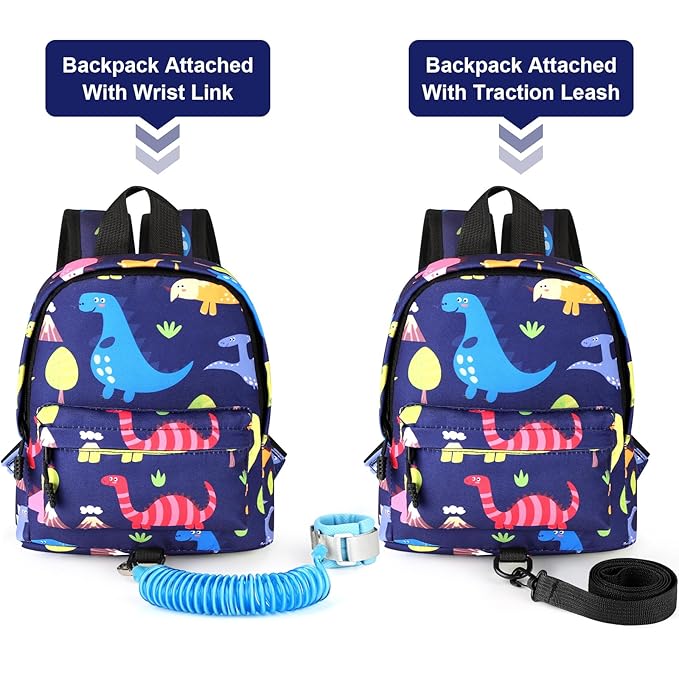Accmor Toddler Backpack Leash with Anti Lost Wrist Link, Cute Mini Child Walking Harnesses Keep Kids Close Back Pack Rope Tether Rein for Baby Boys (Navy Blue/Dino)-CubbioJoy