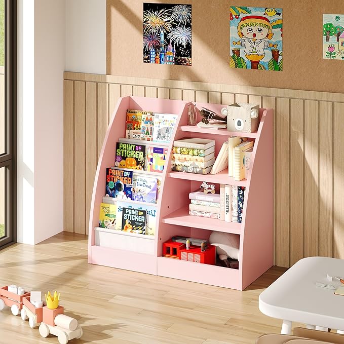 4 Tier Kids Bookshelf,4 Layer Sling Kids Book Shelf for Kids Rooms,Wood Children Bookcase,Baby Storage Book Rack,Toddler Bookshelf, Book and Toy Organizer,Book Display Shelf for Bedroom, Nursery-CubbioJoy