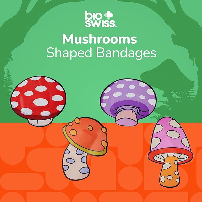 BioSwiss Bandages, Mushroom Shaped Self Adhesive Bandage, Latex Free Sterile Wound Care, Fun First Aid Kit Supplies for Kids and Adults, 50 Count-CubbioJoy