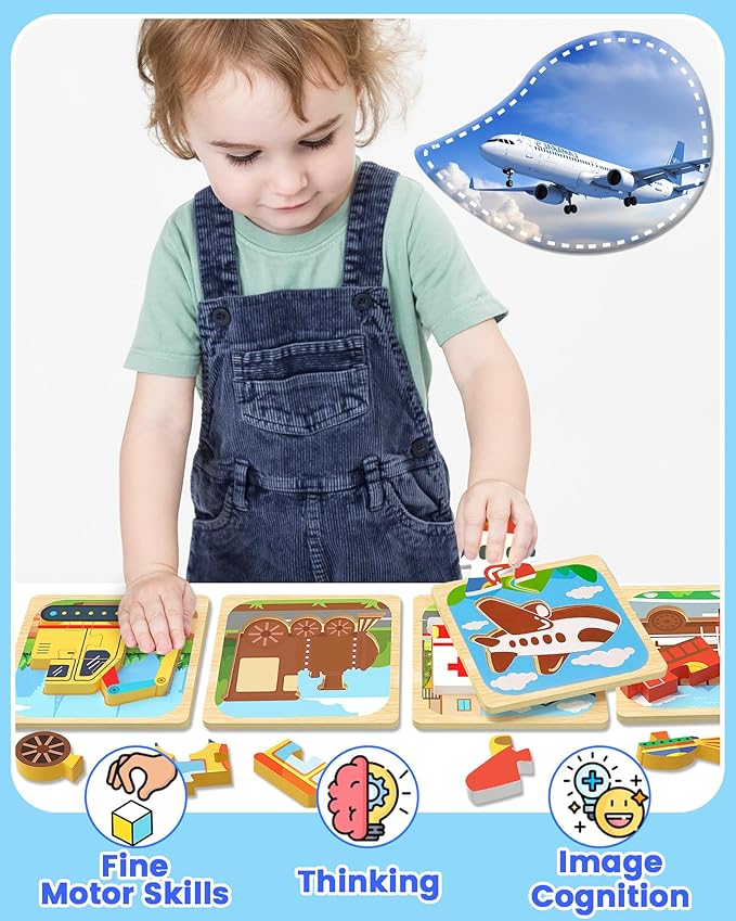 Benresive Wooden Toddler Puzzles, Montessori Toys for 1 2 3 Year Old Boys, Toys for 1 2 3 Year Old Boy Birthday Gifts, 6 Pack Vehicle Toddler Learning Educational Puzzles-CubbioJoy