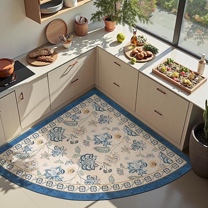 jinchan Floral Corner Rug for Entryway Washable Kitchen Rug Vintage Romance Design Non Slip Quarter Circle Lightweight Low-Pile Throw Carpet for Playroom Reading Nook Nursery, 4ft Radius, Blue/Beige-CubbioJoy