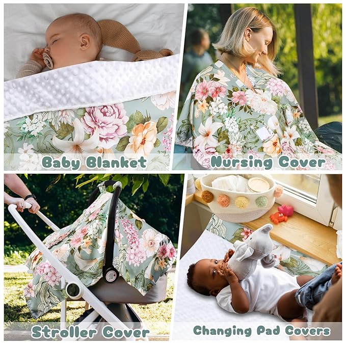 Car Seat Cover Baby, Flroal Infant Car Seat Canopy Covers for Newborn Girls Boys, Soft Breathable Minky Carseat Covers Stretchy Multi-Use Nursing Cover for Stroller Baby Car Seat, Green Leaf-CubbioJoy
