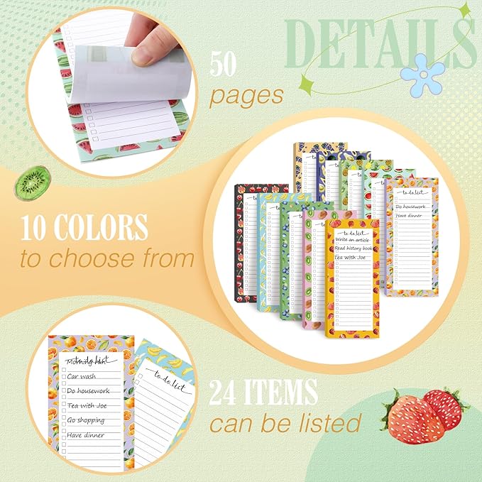 Censen 10 Pack 500 Sheets To Do List Notes Daily Checklist Notepads with 50 Sheets Each Undated Color Memo Pad Block Shopping List Pad Weekly Plan Notepad Organizer Planners(Fruit Color,Lined)-CubbioJoy