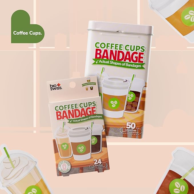 BioSwiss Bandages, Coffee Cup Shaped Self Adhesive Bandage, Latex Free Sterile Wound Care, Fun First Aid Kit Supplies for Kids, 50 Count-CubbioJoy