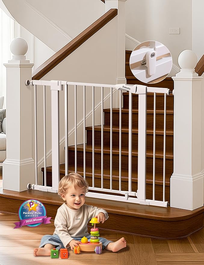 Babelio 29-43" Magnetic Baby Gate for Stairs,Doorways House,Kitchen,30" Tall Pet Barrier with Baffles,Pressure Mounted & Dual-Lock Design Safety for Kids Toddler,Auto-Close/Hold-Open,White-CubbioJoy
