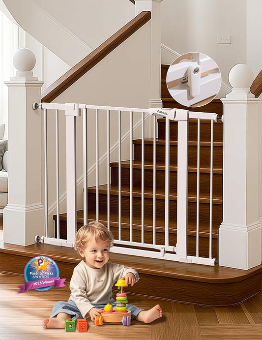 Babelio 29-43" Magnetic Baby Gate for Stairs,Doorways House,Kitchen,30" Tall Pet Barrier with Baffles,Pressure Mounted & Dual-Lock Design Safety for Kids Toddler,Auto-Close/Hold-Open,White-CubbioJoy