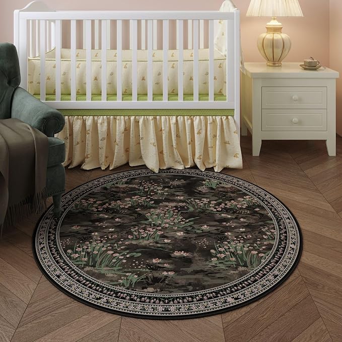 Circle Rug Impressionist-Style Vintage Round Rug 4ft Non Slip Low Pile Small Circular Rug for Bedroom Bathroom Entryway Kids Room Office College Dorm, Black-CubbioJoy