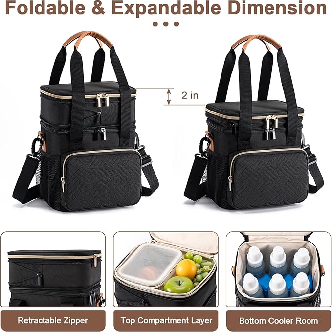 Breastmilk Cooler Bag with Ice Pack Fits 6 Baby Bottles Up to 9 Ounce, Expandable Double-Layer Leak-Proof Cooler Bag with Shoulder Strap for Nursing & Working Mom, Black-CubbioJoy