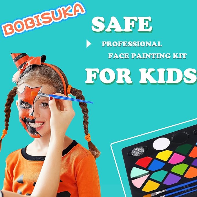 BOBISUKA Face Painting Kit for Kids - 16 Colors Water Based Body Face Paint Includes Brushes,Sponges,Glitters,Gem Sheet,Instructions,Stencils for Halloween Party Costume SFX Makeup-CubbioJoy