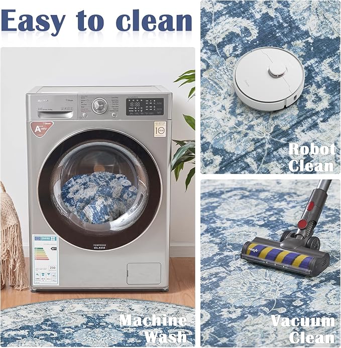 jinchan Round Rug 7ft Area Rug - Dark Blue Vintage Floor Mat Kitchen Indoor Ultra-Thin Soft Floral Print - Washable Circle 7' Retro Accent for Farmhouse Non Slip Dining Room Living Room Bedroom Office-CubbioJoy