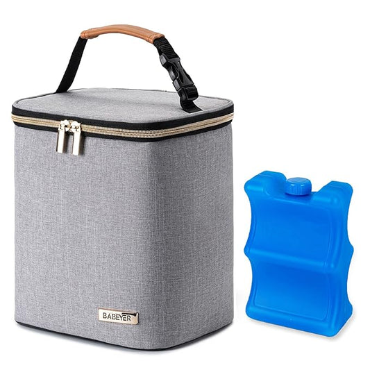 Breast Milk Cooler Bag with Ice Pack Fits 4 Baby Bottles Up to 9 Ounce, Baby Bottle Bag for Nursing Mom Daycare, Grey-CubbioJoy