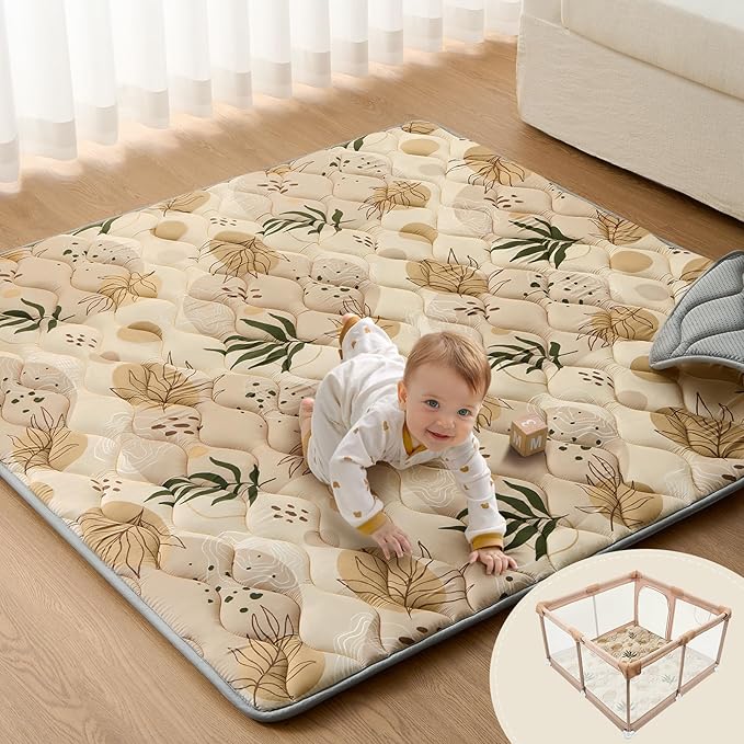 Blissful Diary Baby Play Mat, 47x47 Infant Play Mat for Playpen, Thicken Foam Cushioned Baby Mat for Floor, Non-Slip Kids Play Mat, Washable Baby Playmat for Babies,Toddlers, Earth Tones Design-CubbioJoy