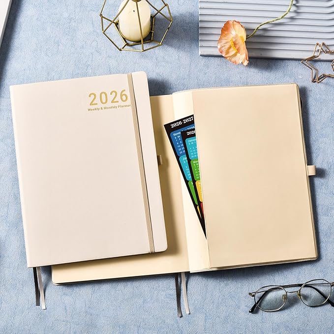 2026 Planner - JAN 2026 - DEC 2026, Planner 2026, Weekly and Monthly Planners, Leather Cover Planners with Thick Paper, Back Pocket with Notes Pages, Seashell Gold (8.5" x 11")-CubbioJoy